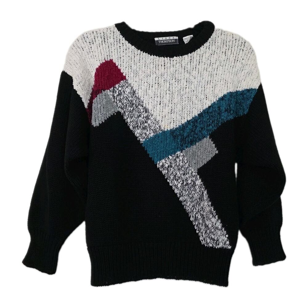 Vintage Colorblock Popcorn Knit Sweater Womens M Teal Pink 80s Artsy Retro